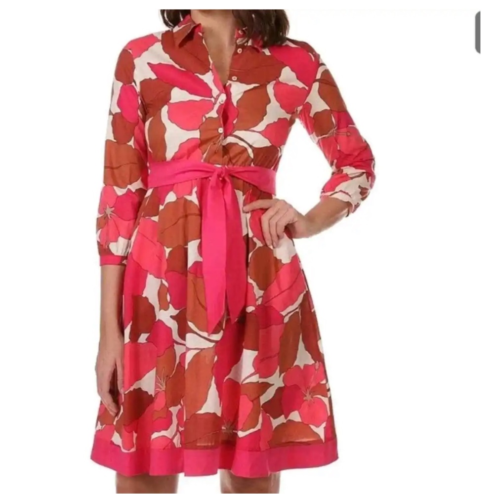 Emme Marella Mod Graphic Floral Shirt Dress Pink Brown White Size 2